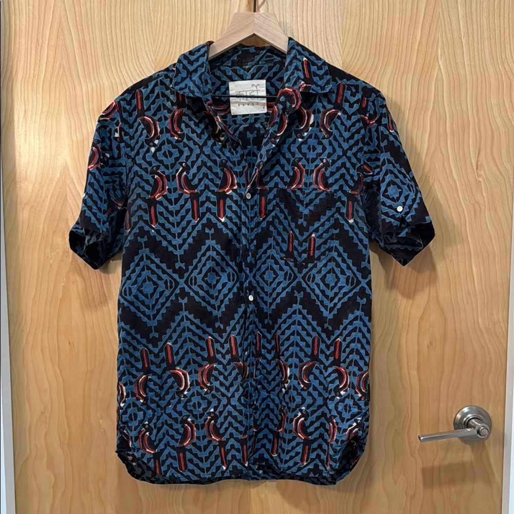 Men's Blue and Red Patterned Shirt